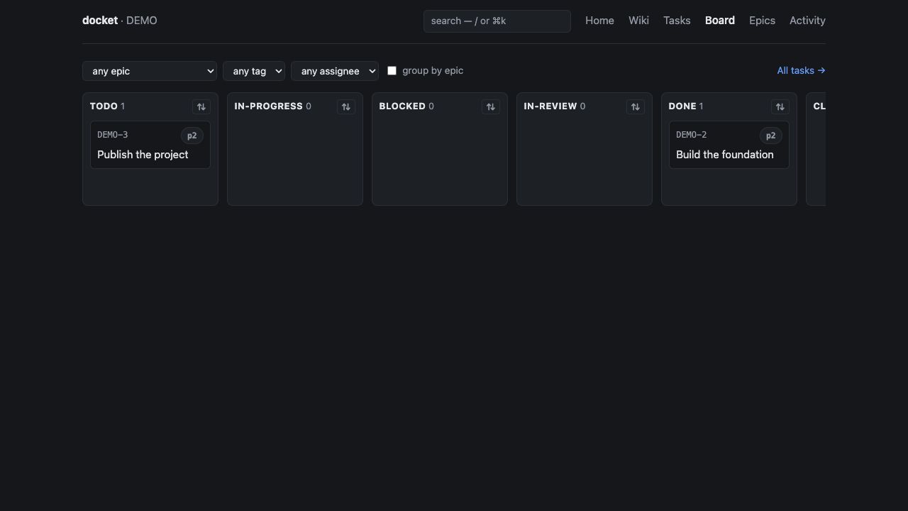 GitDocket task board showing synthetic todo and completed work