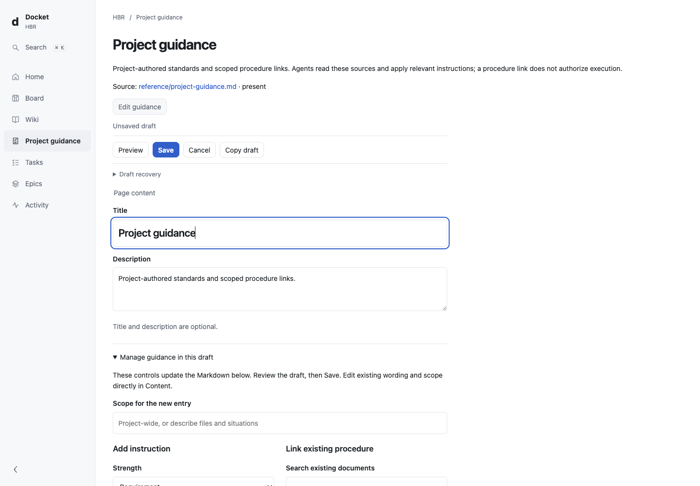 Real shared Markdown editor showing the contributor-writing instruction being revised.