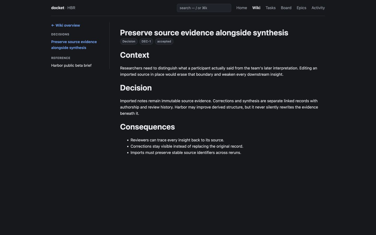 A GitDocket decision page showing its context, accepted decision, consequences, and nearby project documentation