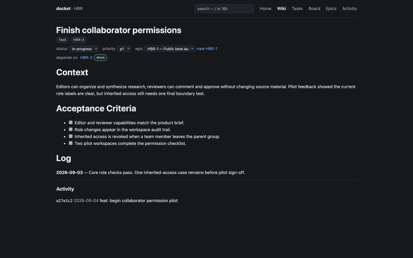 A GitDocket task showing status, priority, dependency, context, checked acceptance criteria, log, and a linked commit